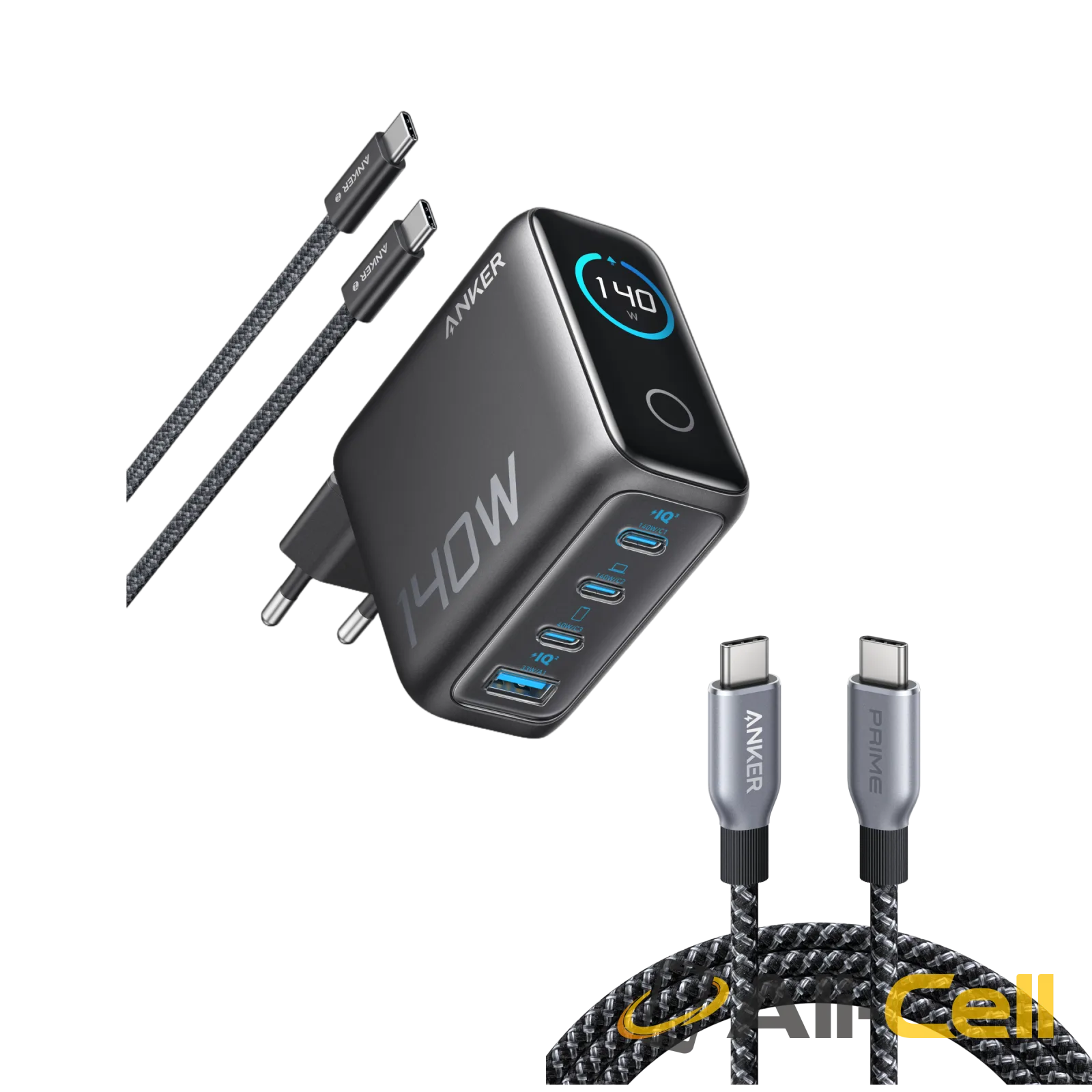 Anker Laptop Charger (140W, 4-Port, PD 3.1) with USB-C Cable and Anker Prime USB-C to USB-C Cable (240W, Upcycled-Braided)