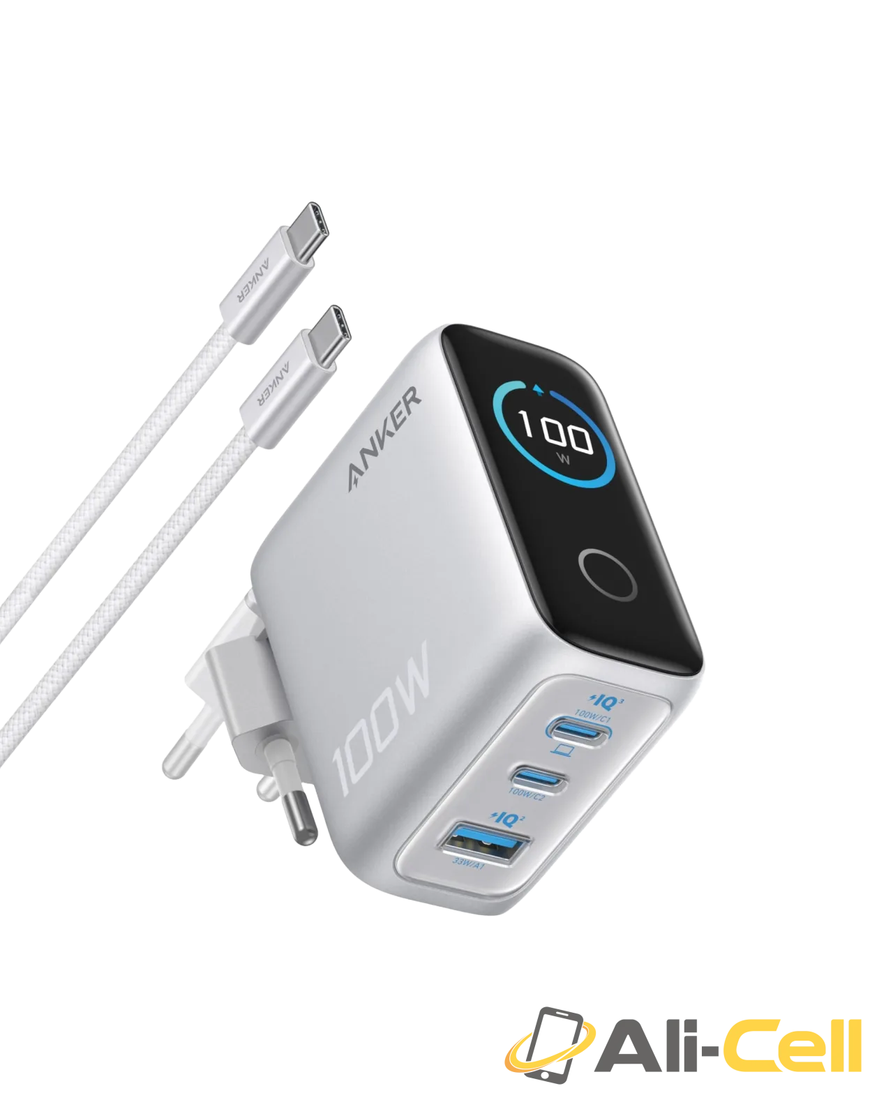 Anker Charger (100W, 3 Ports, Smart Display) (Silver)