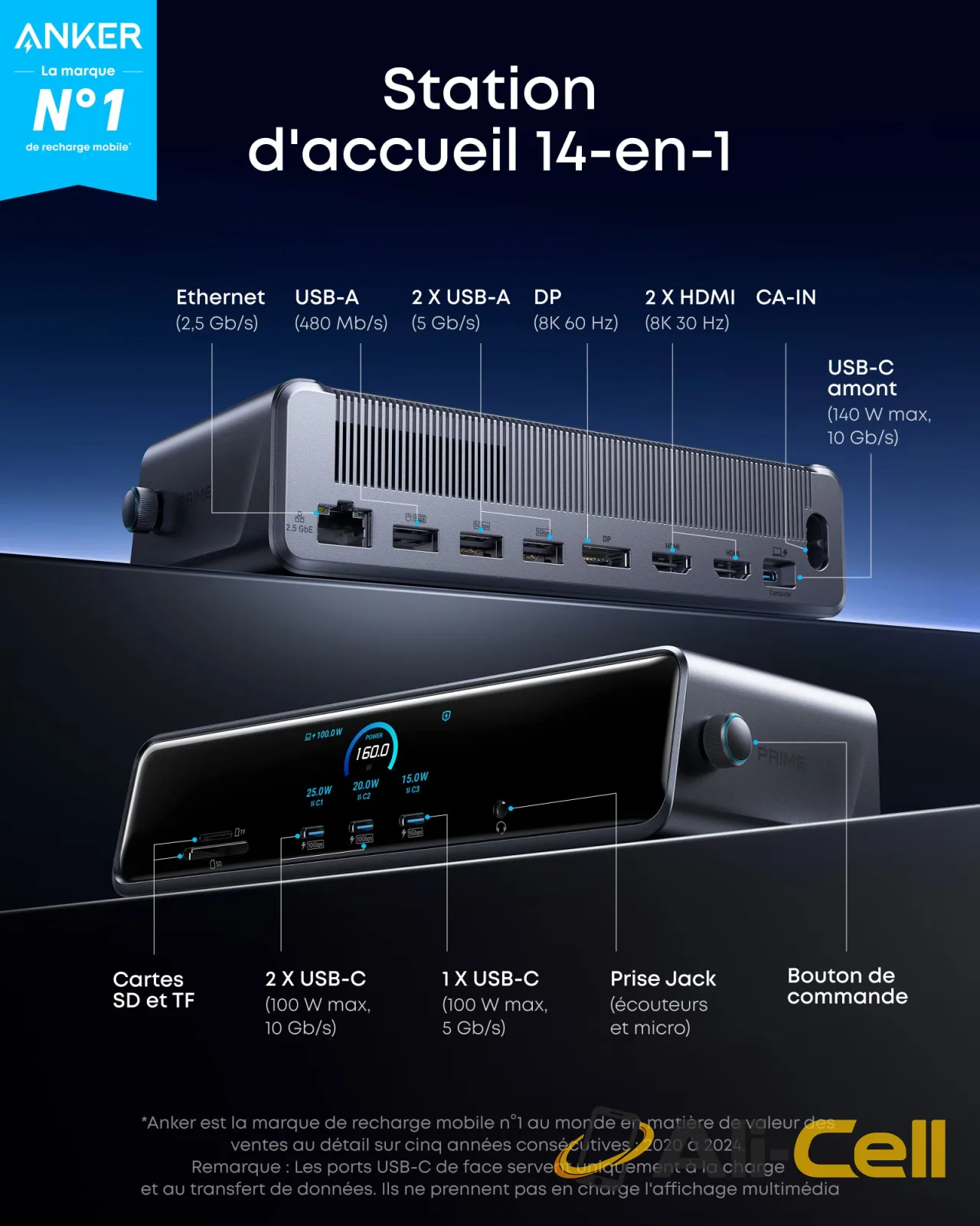 Station d’accueil Anker Prime (14-en-1, triple affichage, DisplayLink) + Anker Prime USB-C auf USB-C Kabel (240W, Upcycled-Flechtdesign, 3 ft) — 3