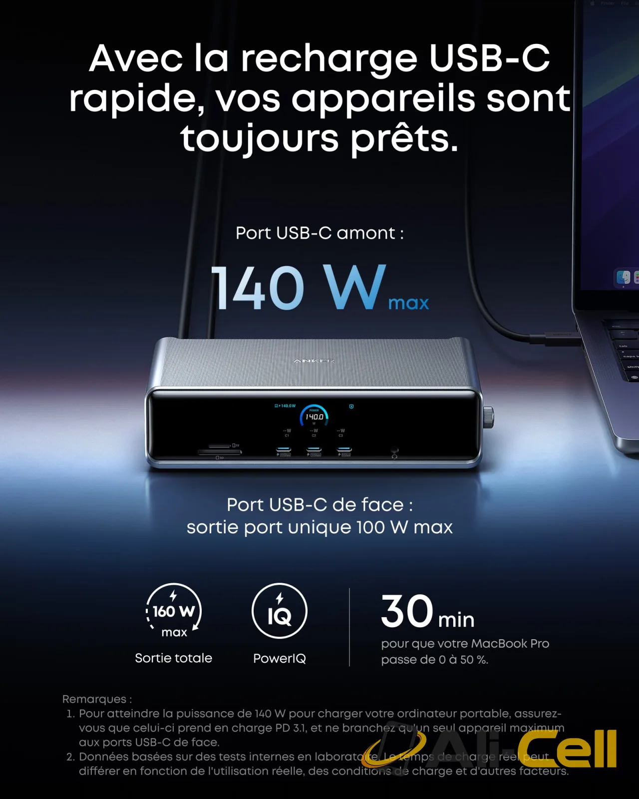 Station d’accueil Anker Prime (14-en-1, triple affichage, DisplayLink) + Anker Prime USB-C auf USB-C Kabel (240W, Upcycled-Flechtdesign, 3 ft) — 5