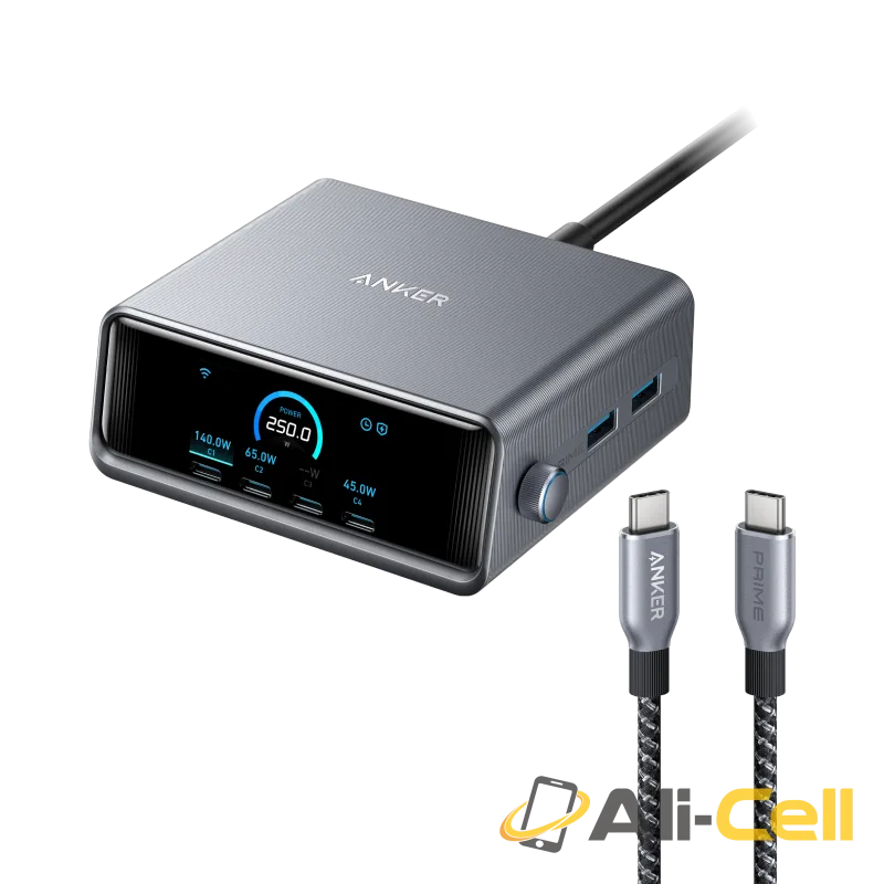 Anker Prime Charger (250W, 6 Ports, GaNPrime) and Prime USB-C to USB-C Cable (240W, Upcycled-Braided, 182cm)
