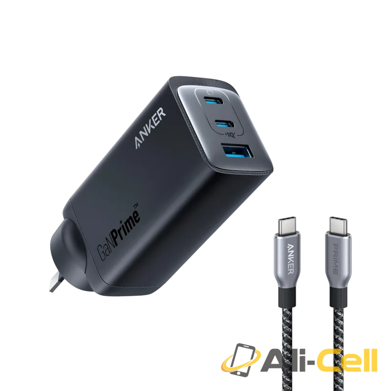 Anker 737 Prime Charger (GaN, 120W, 3-Port) and Anker Prime USB-C to USB-C Cable (240W, Upcycled-Braided, 182cm)