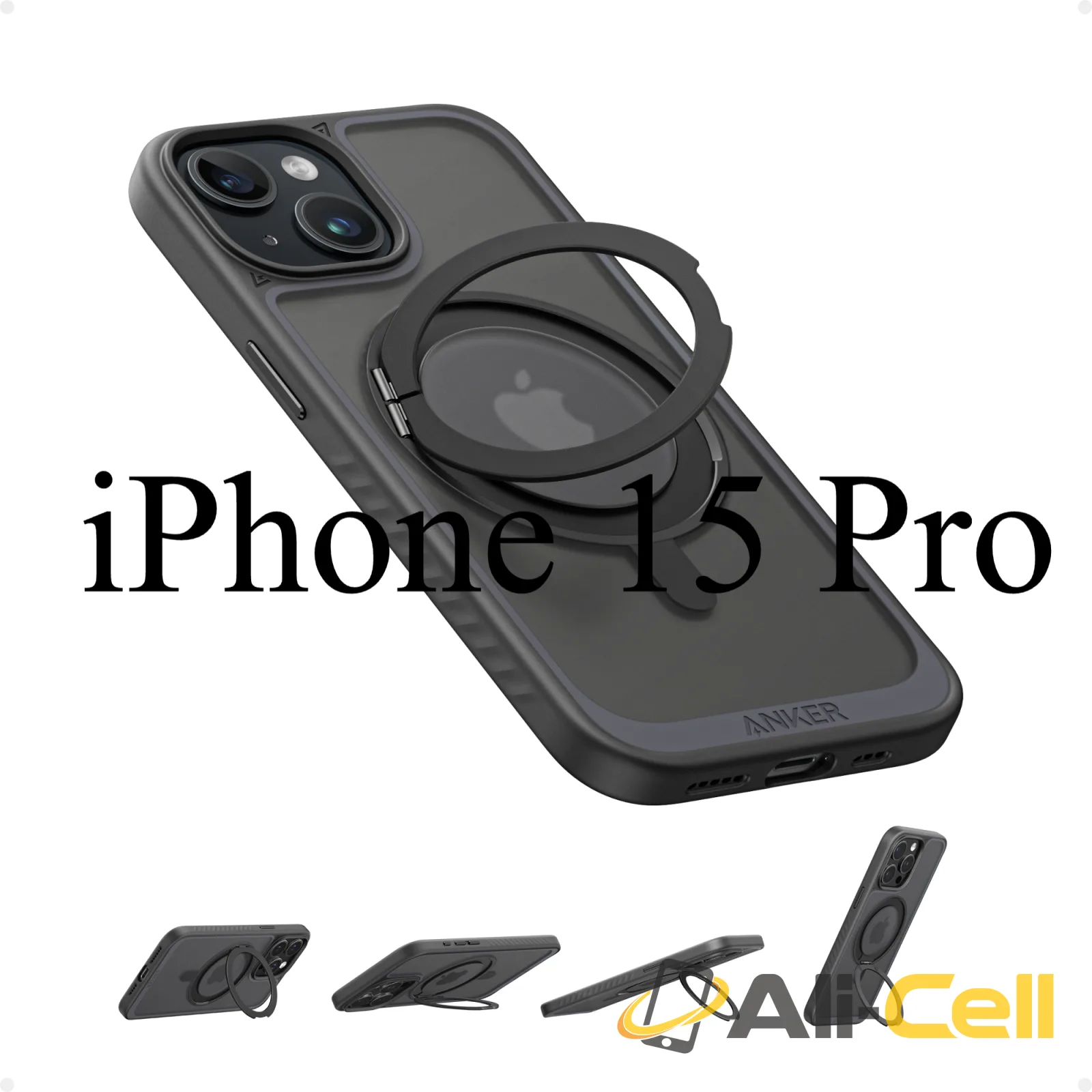 Anker FlexStand Magnetic Phone Case for iPhone 16 Pro Max Case, 360° Ring Stand and Matte Protective Cover (Black Stone / iPhone 15 Pro)