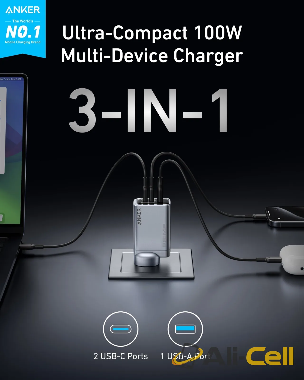 Anker Prime Charger (100W, 3 Ports, GaN) and Anker 765 USB-C to USB-C Cable (140W Nylon,91cm) — 2