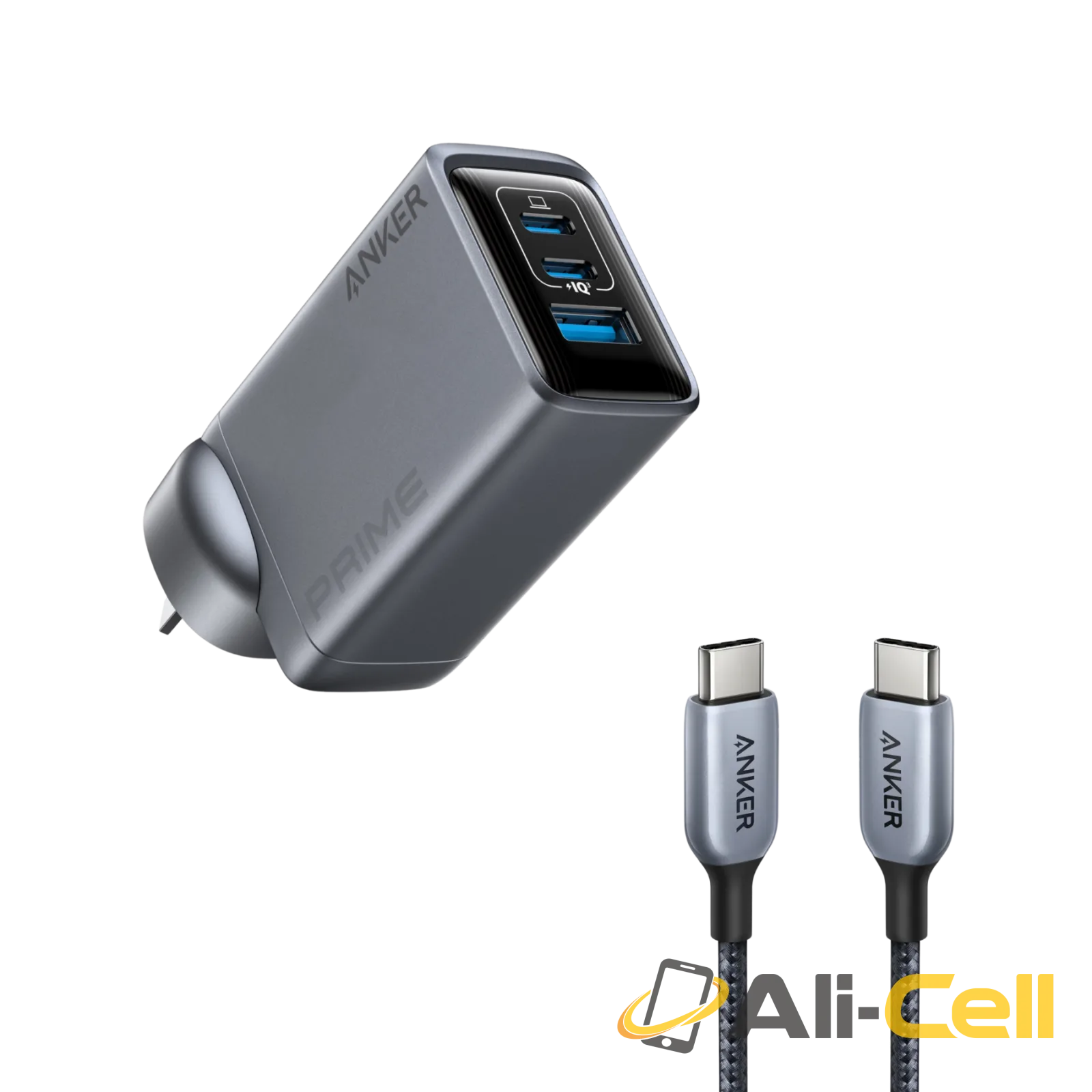 Anker Prime Charger (100W, 3 Ports, GaN) and Anker 765 USB-C to USB-C Cable (140W Nylon,183cm)