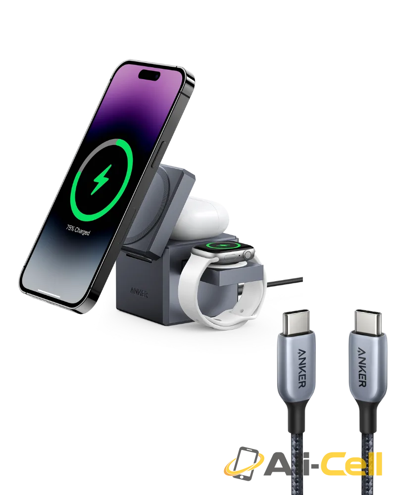 Anker 3-in-1 Cube with MagSafe and Anker 765 USB-C to USB-C Cable (140W Nylon)