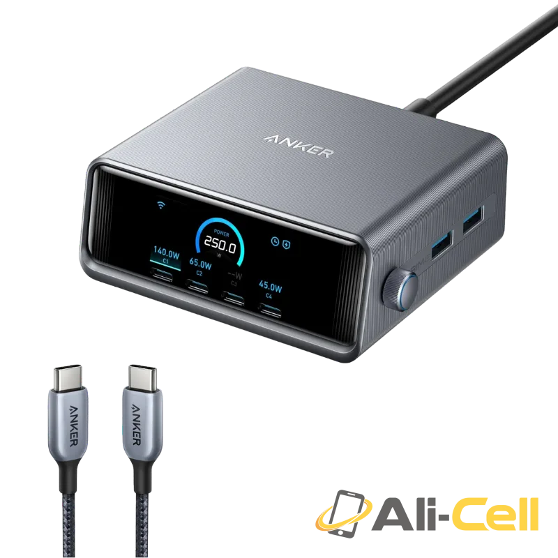 Anker Prime Charger (250W, 6 Ports, GaNPrime) and Anker 765 USB-C to USB-C Cable (140W Nylon,91 cm)