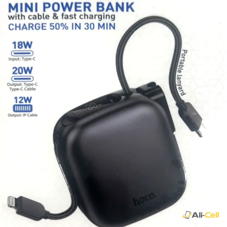 Mini Power Bank 10000 mAh with USB-C and iPhone cable & fast charging