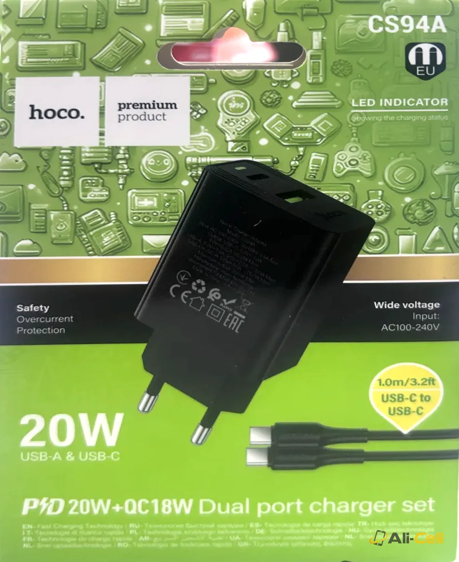 PD 20W + QC18W Dual port charger set with 1m USB-C to USB-C cable — 2