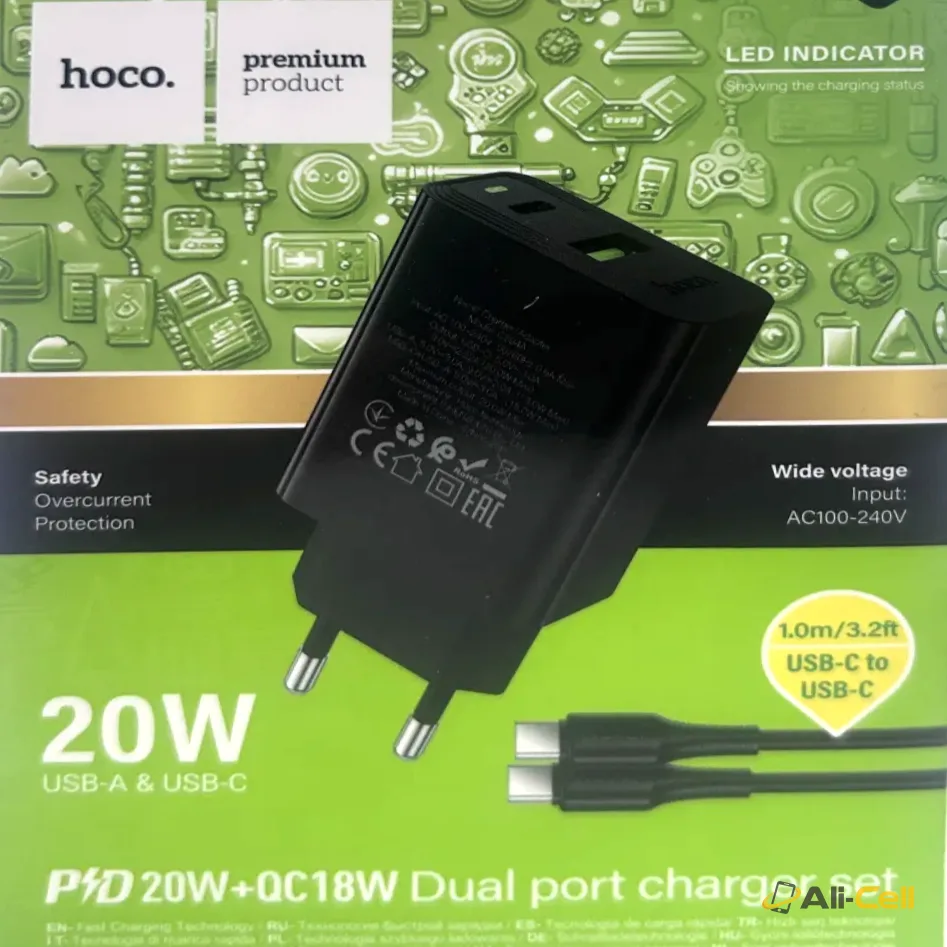 PD 20W + QC18W Dual port charger set with 1m USB-C to USB-C cable