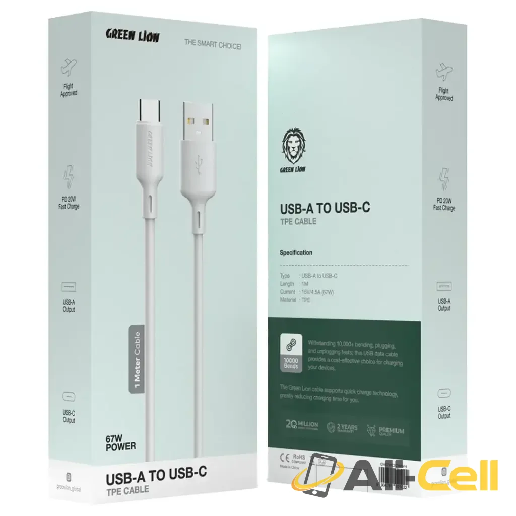 Green Lion 100W USB-A to USB-C TPE Cable 1m - White — 2