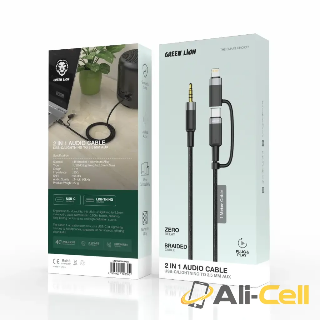 Green Lion 2 IN 1 AUDIO CABLE 1M USB-C, LIGHTNING TO 3.5 MM AUX — 3