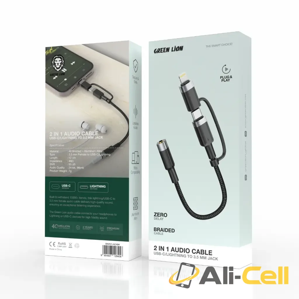 Green Lion 2 IN 1 AUDIO CABLE 12CM USB-C, LIGHTNING TO 3.5 MM JACK — 3