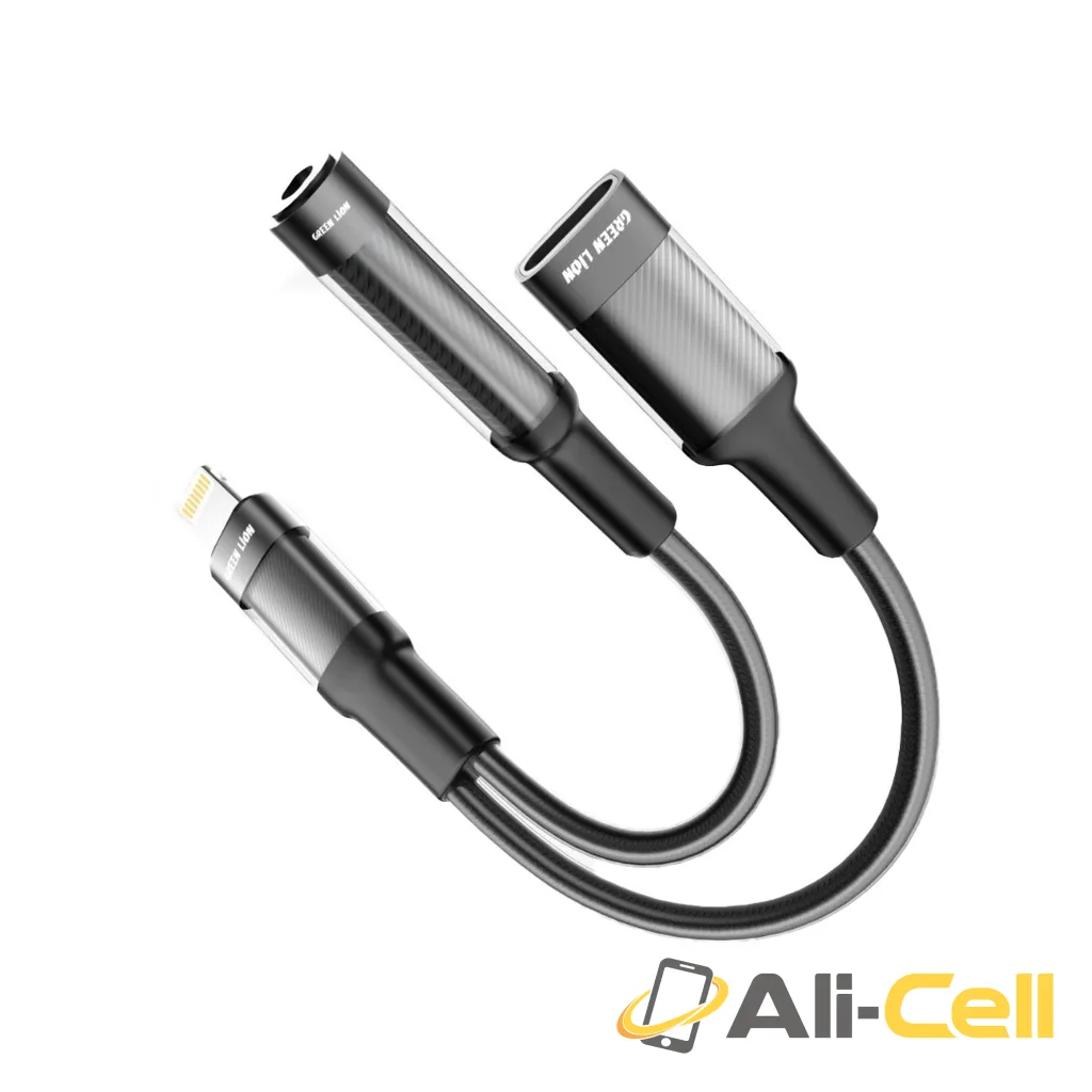 Green Lion 2 in 1 Earphone & Charging Adapter Lightning to Lightning + 3.5 12CM -Black