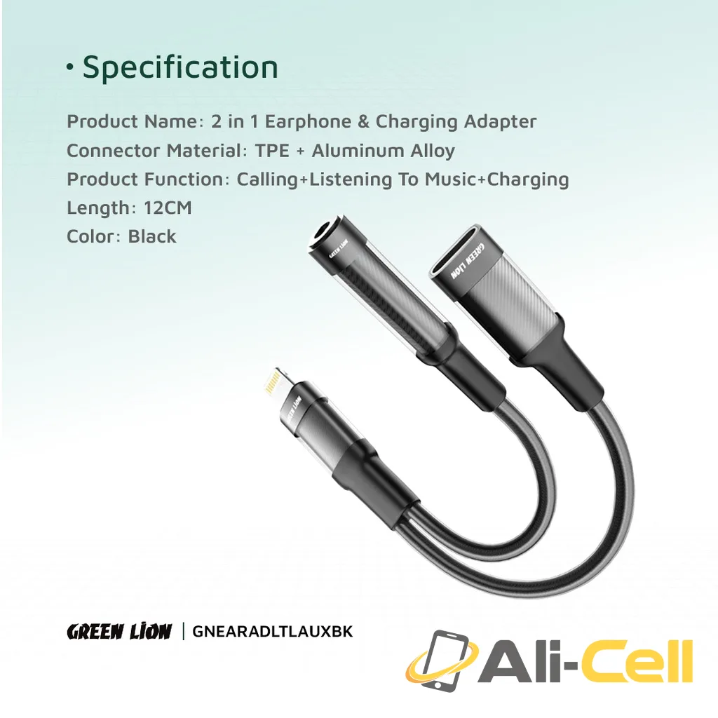 Green Lion 2 in 1 Earphone & Charging Adapter Lightning to Lightning + 3.5 12CM -Black — 3