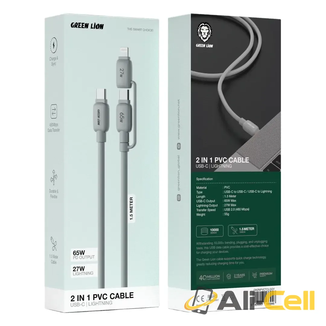 Green Lion 2-In-1 PVC Cable with USB-C & Lightning – Gray — 2