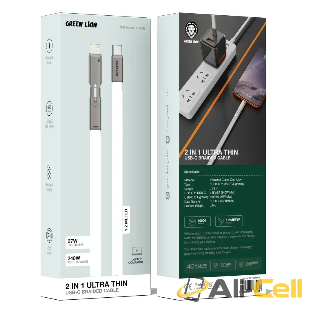 Green Lion 2-in-1 Ultra-Thin USB-C Braided Cable -White — 2