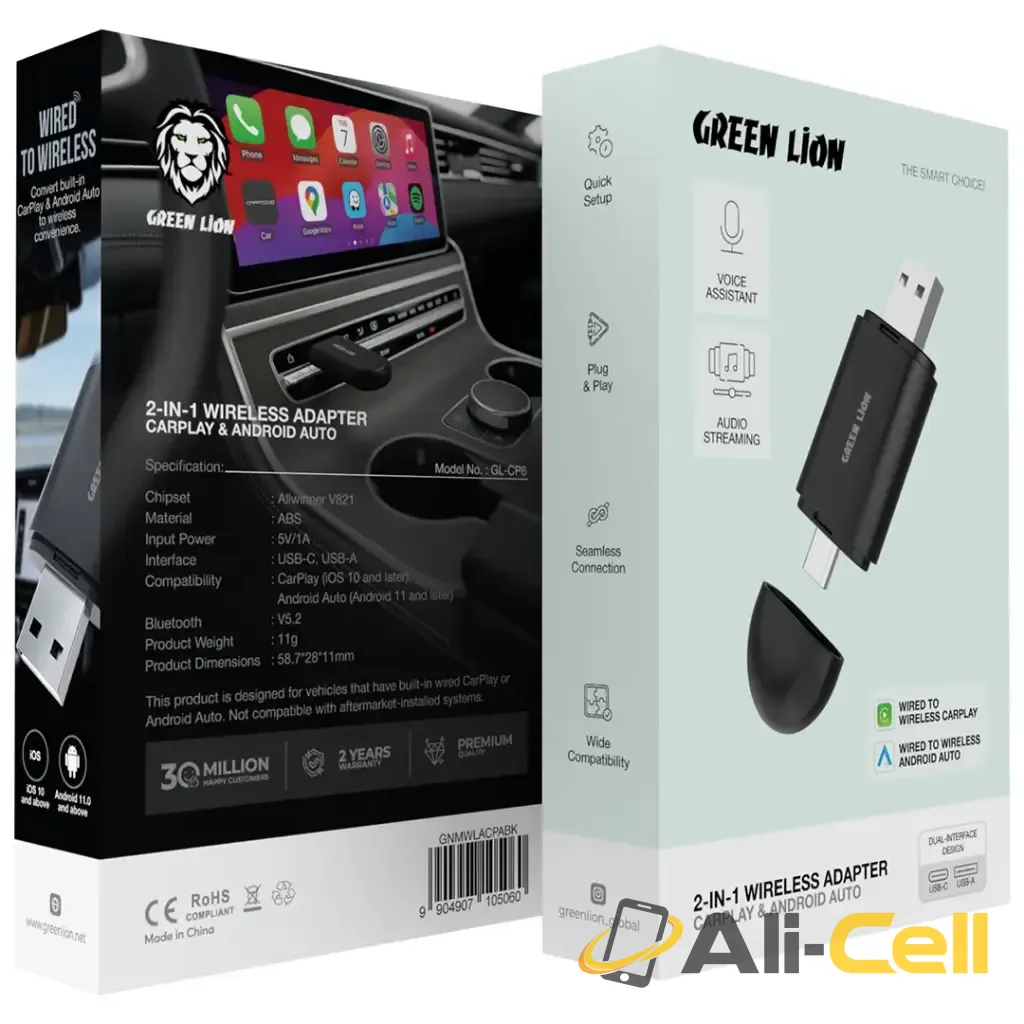 Green Lion 2-In-1 Wireless Adapter CarPlay & Android Auto - Black — 2