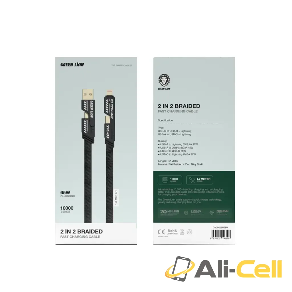 Green Lion 2 in 2 Braided Cable C to C+L and A to C+L 1.2m 65W — 2