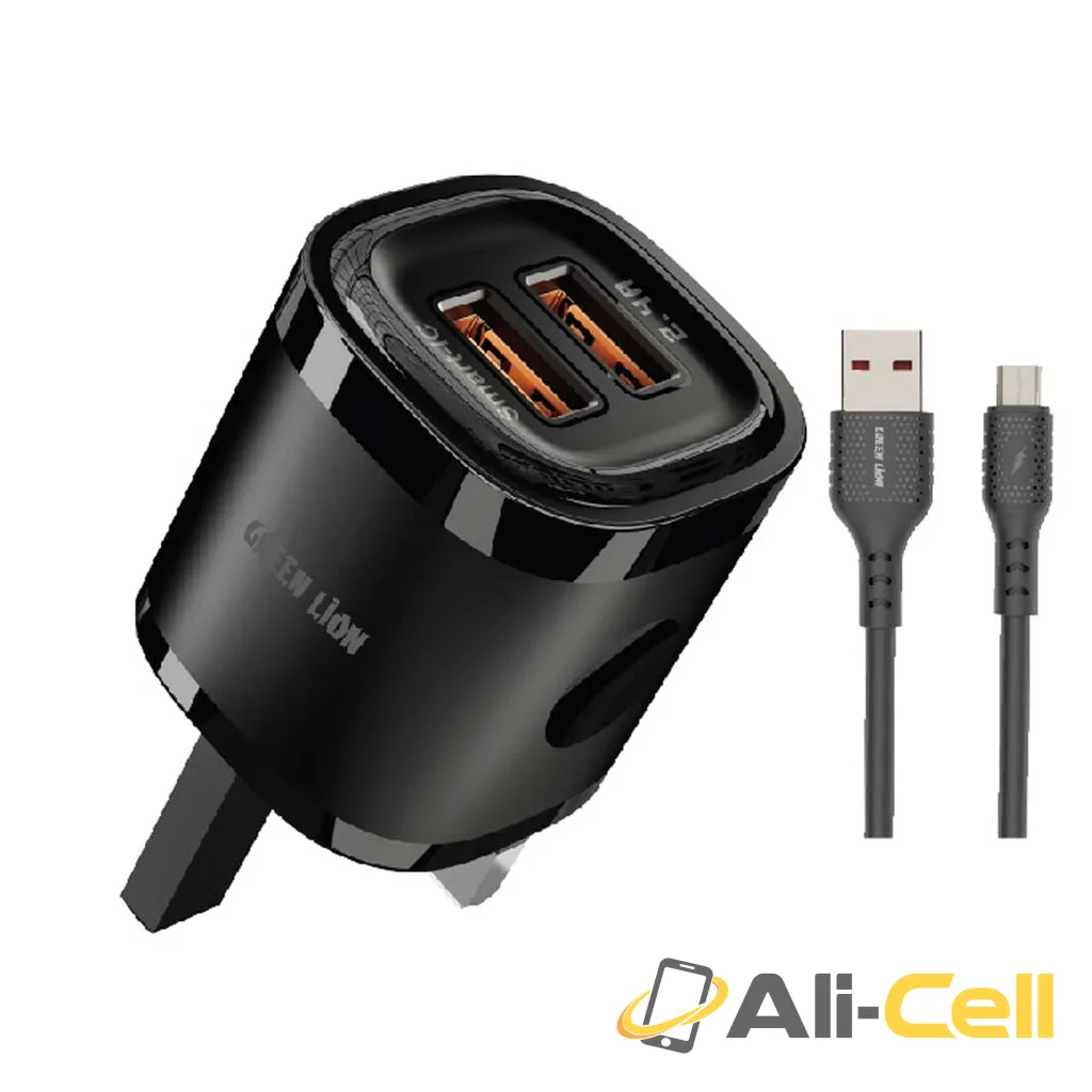 Green Lion 2USB 2.4A Fast Charging +USB Microdata cable 1m Black/Orange