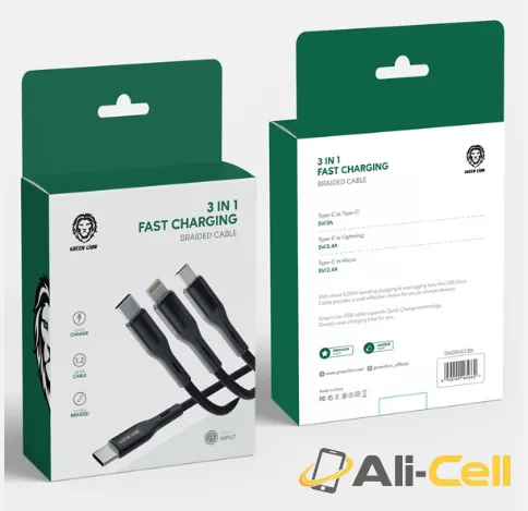 Green Lion 3 In 1 Fast Charging Braided Cable 1.2m