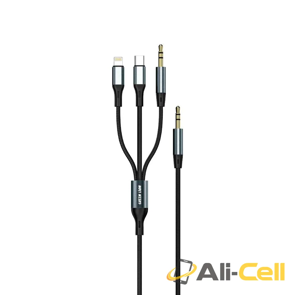 Green Lion 3 in 1 AUX Cable ( Aux / Lightning / Type-C ) 1.2M 3.5MM - Black