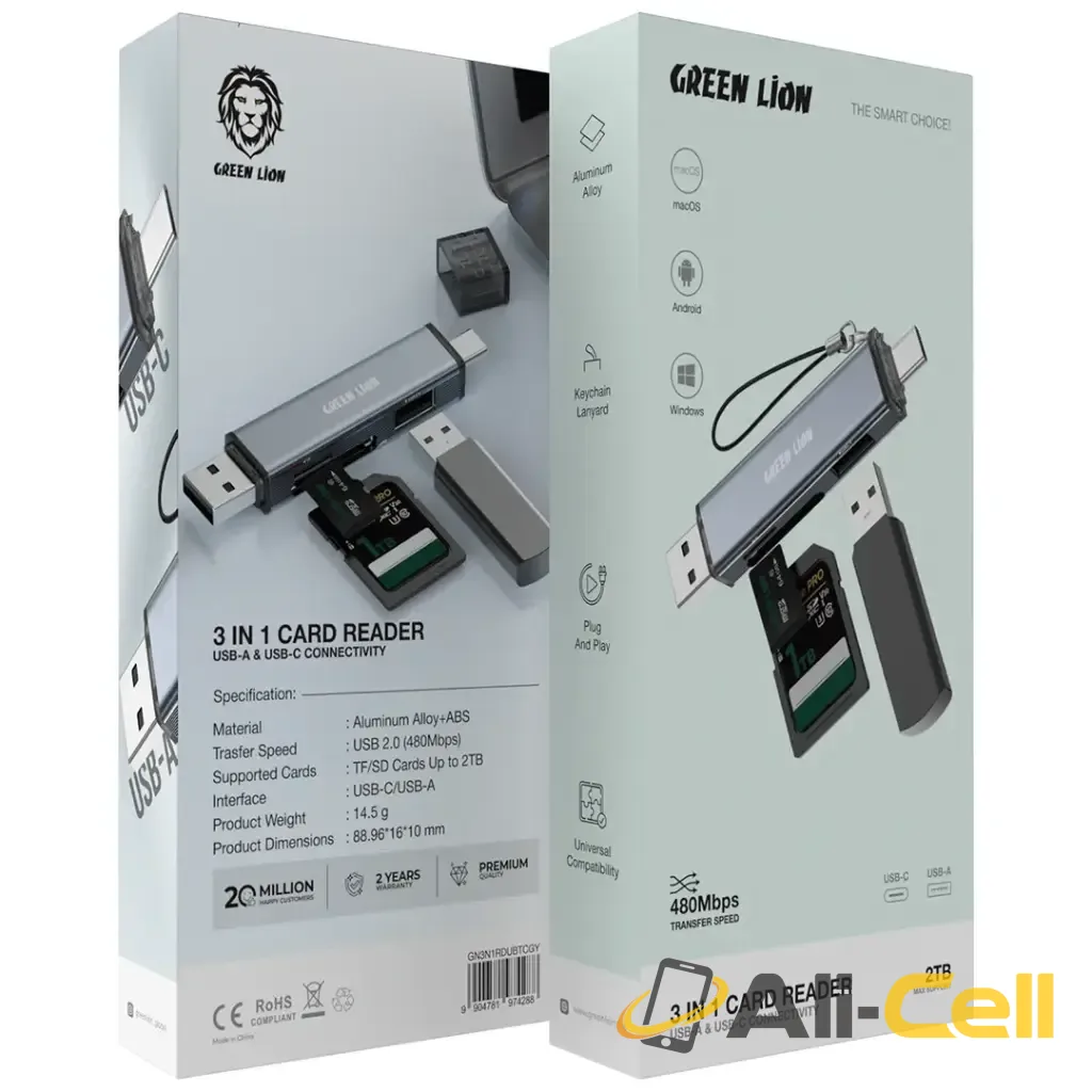 Green Lion 3 in 1 Card Reader with USB-A & USB-C Connectivity - Gray — 2
