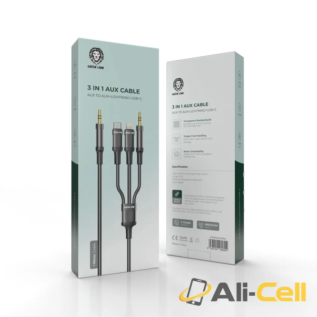 Green Lion 3 in 1 AUX Cable ( AUX / Lightning / USB-C ) 1M - Black