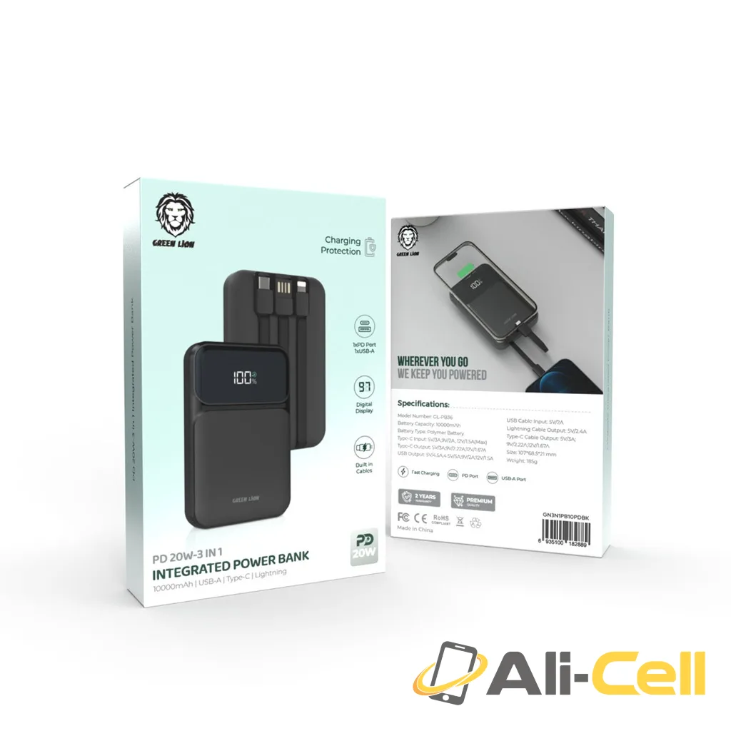 Green Lion 3 in 1 Integrated Power Bank 10000mAh PD 20W - Black — 2