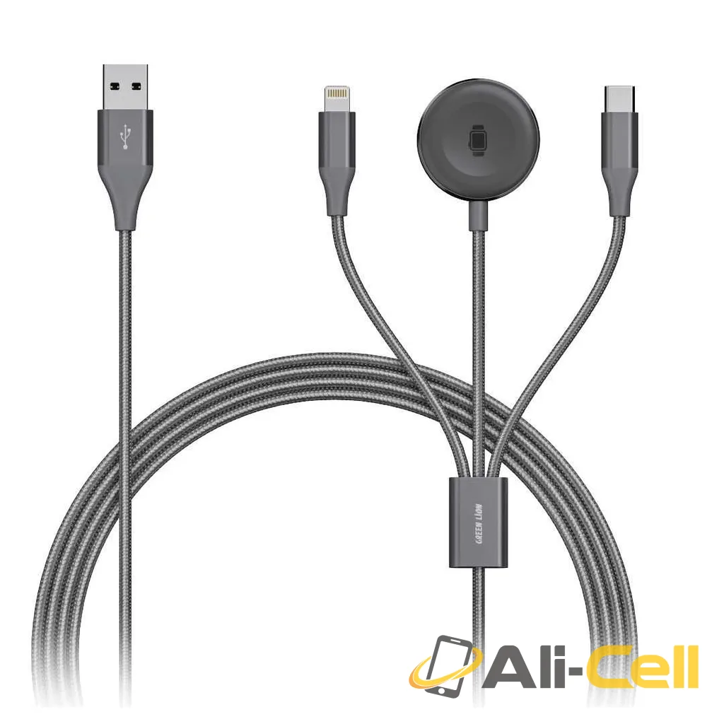 Green Lion 3 in 1 Charging Cable 1.2M 2.4A (Lightning/iWatch Charger/Type-C) - Black