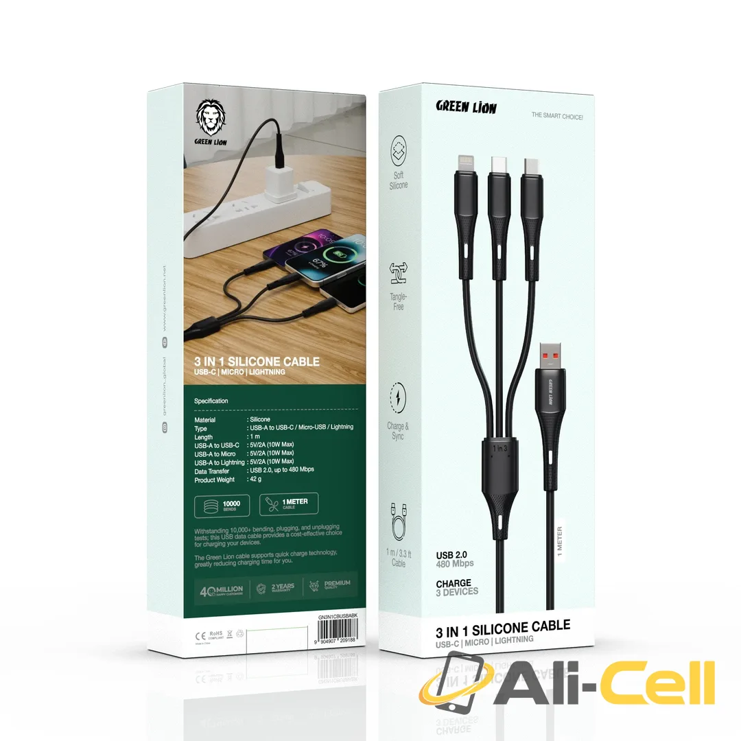 Green Lion 3 in 1 Silicone Cable USB-A to USB-C, Micro, Lightning - Black — 2