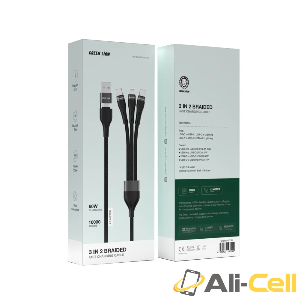 Green Lion 3 in 2 Braided Fast Charging Cable - Black — 2