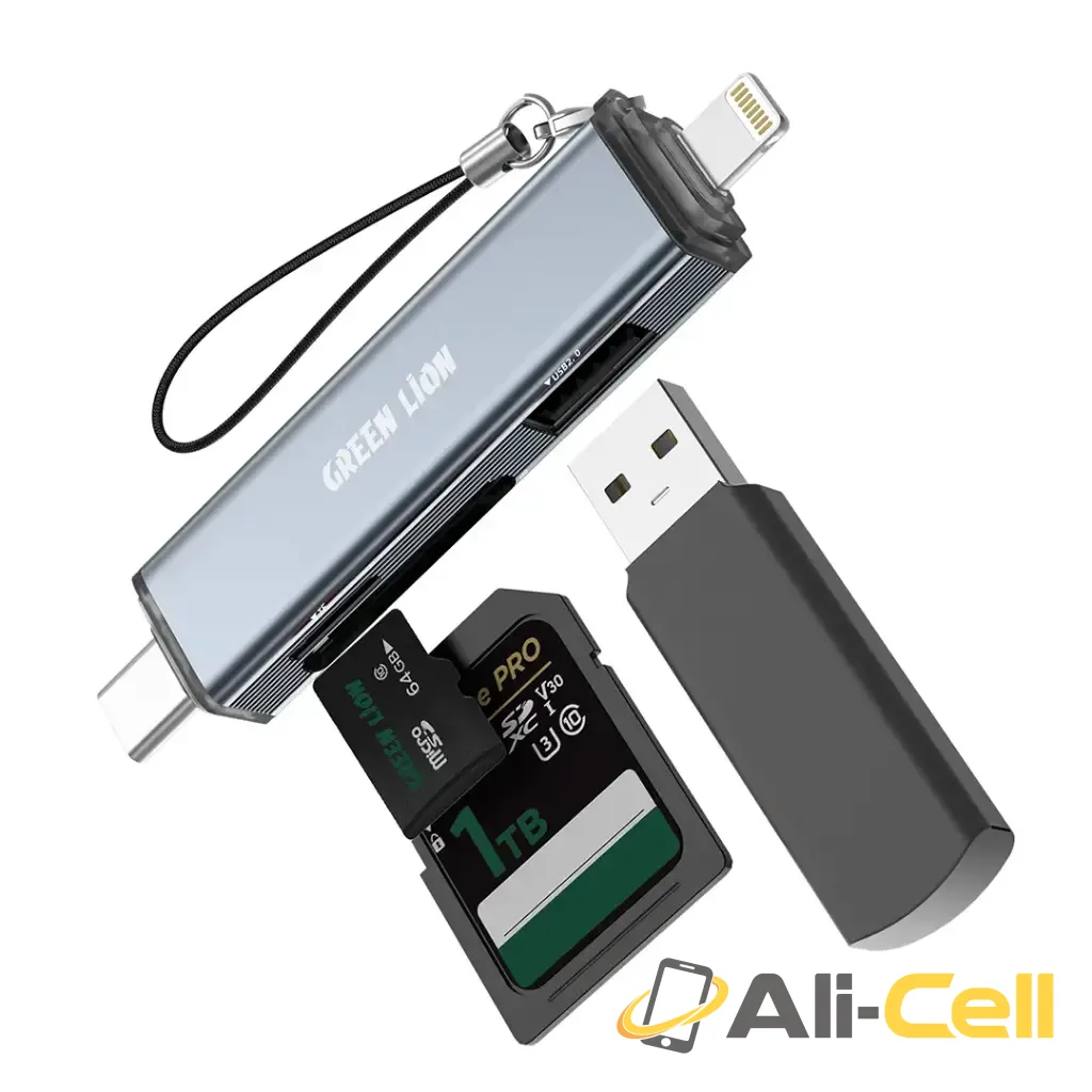 Green Lion 3 in 1 Card Reader with USB-C & Lightning Connectivity - Gray