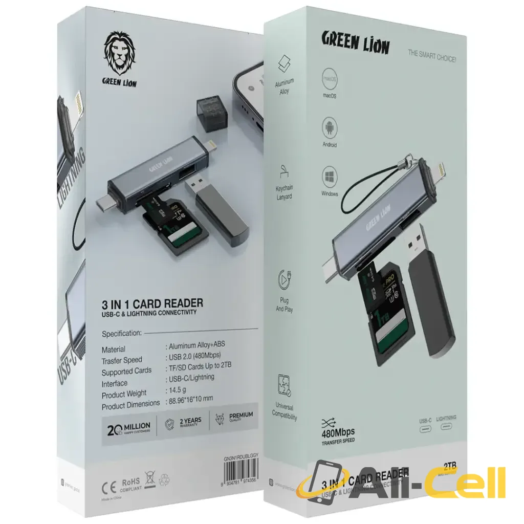 Green Lion 3 in 1 Card Reader with USB-C & Lightning Connectivity - Gray — 2