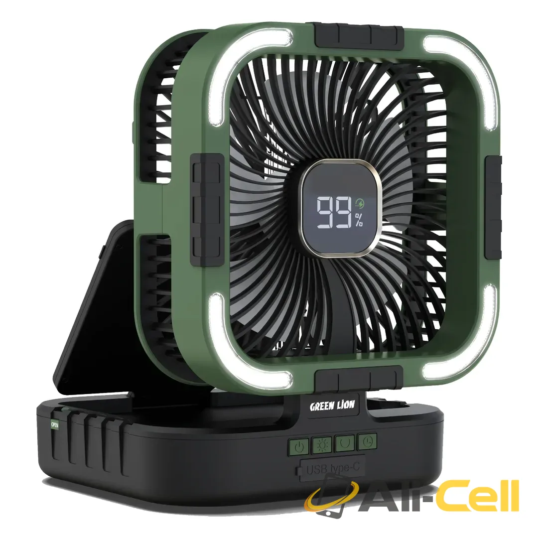 Green Lion 3-In-1 Solar Fan with Light & Power Bank - Black
