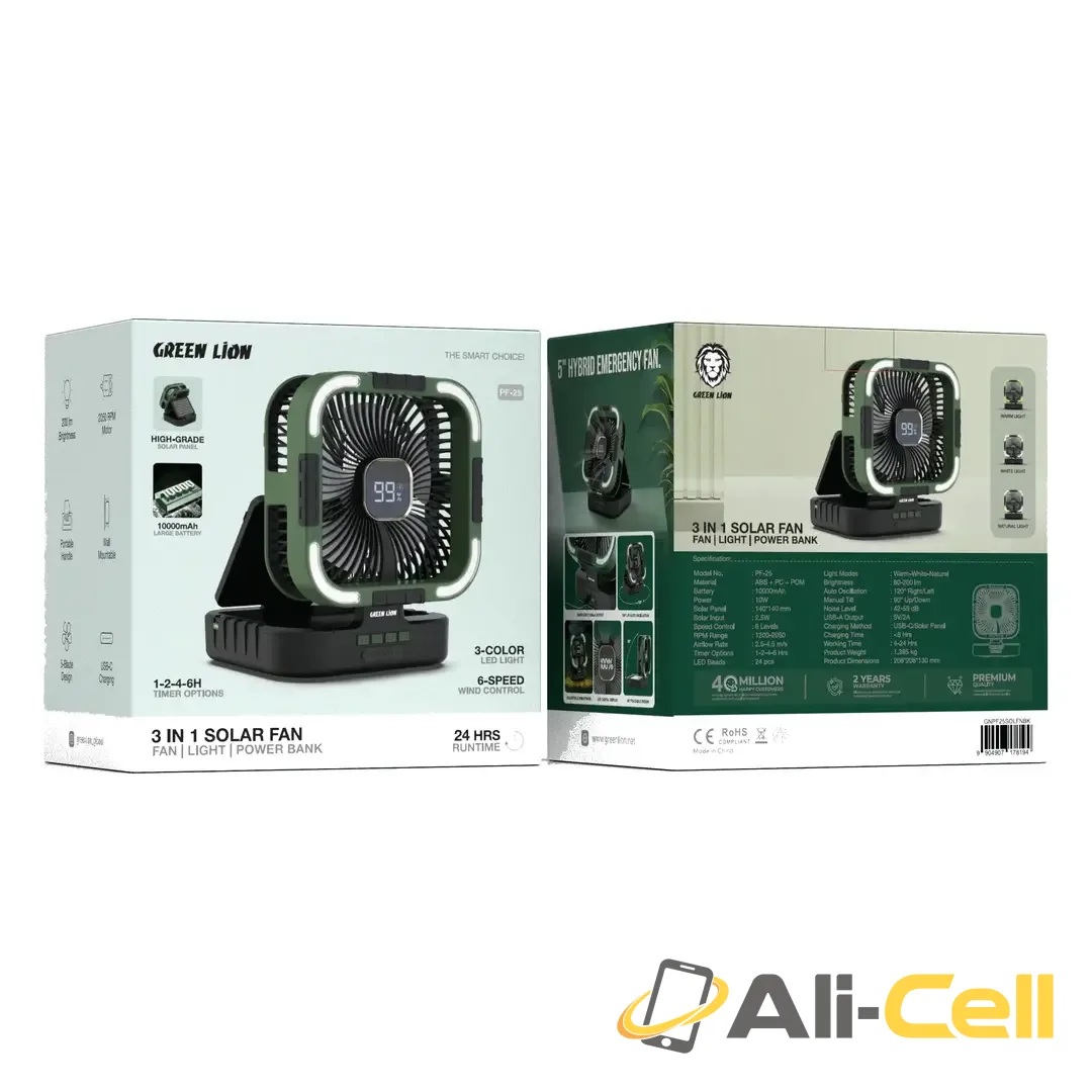 Green Lion 3-In-1 Solar Fan with Light & Power Bank - Black — 2