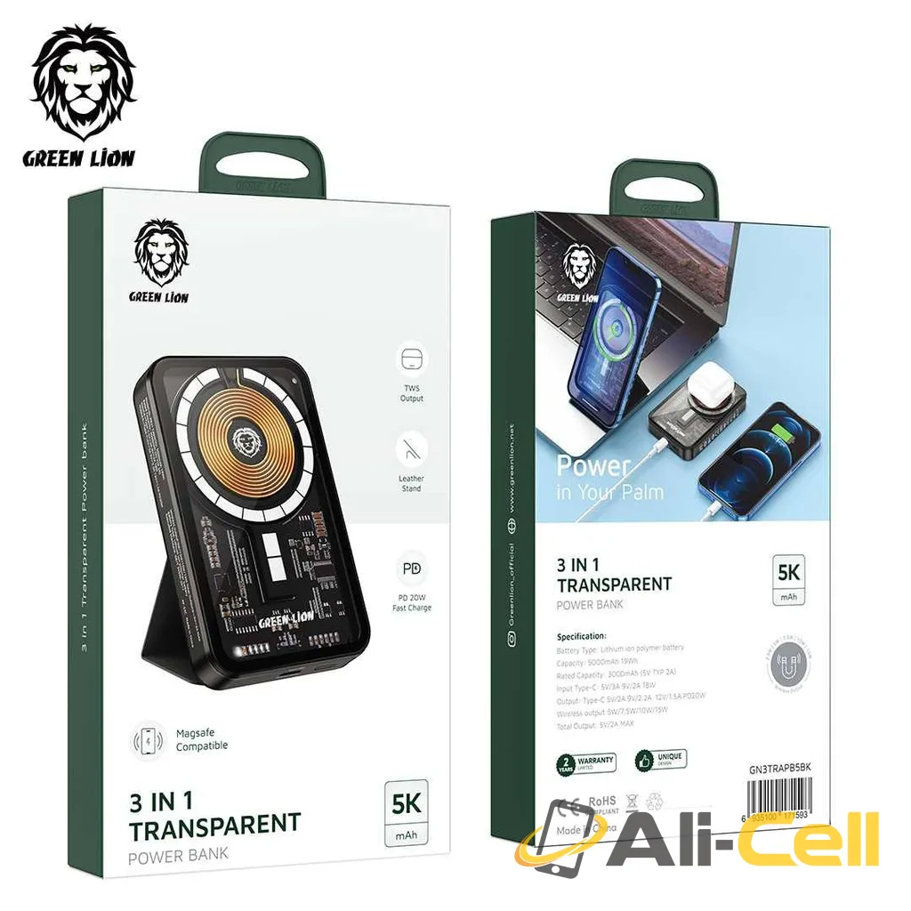 Green Lion 3 in 1 Transparent Magsafe Power Bank 5000mAh PD 20W — 2