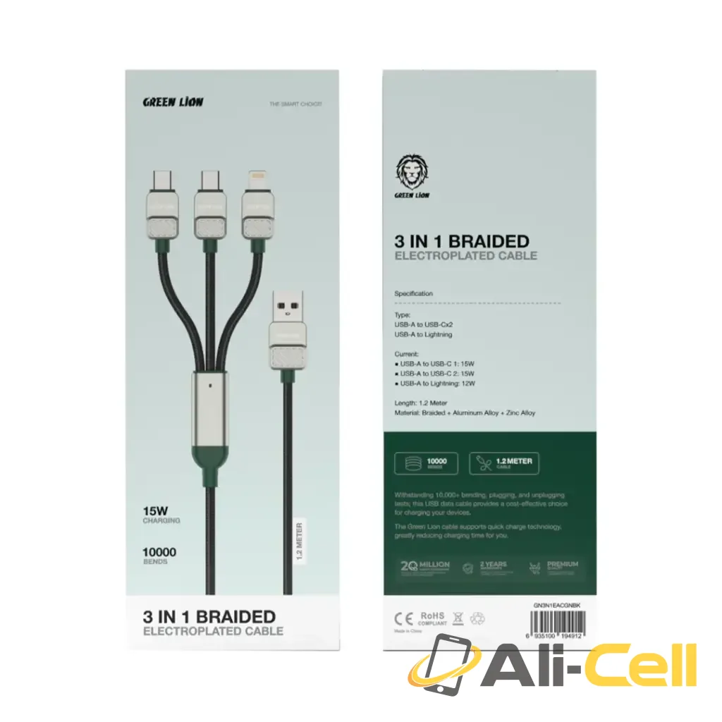 Green Lion 3-in-1 Cable Braided USB-A to C+C+L - Black + Dark Green — 2