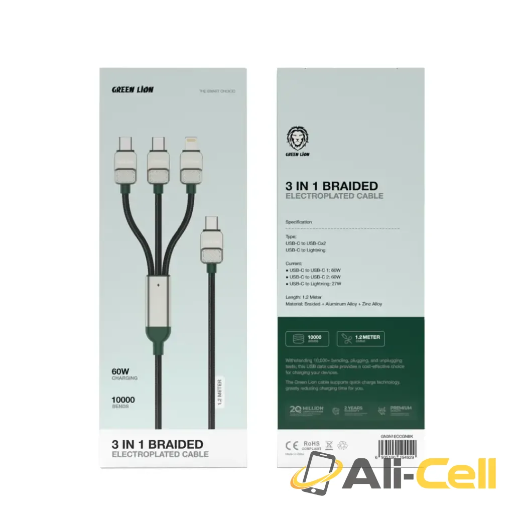 Green Lion 3-in-1 Cable Braided Type-C to C+C+L - Black + Dark Green — 2