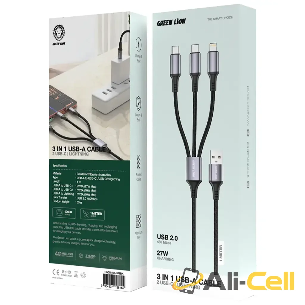 Green Lion 3-In-1 USB-A Cable with 2 USB-C & Lightning - Black — 2