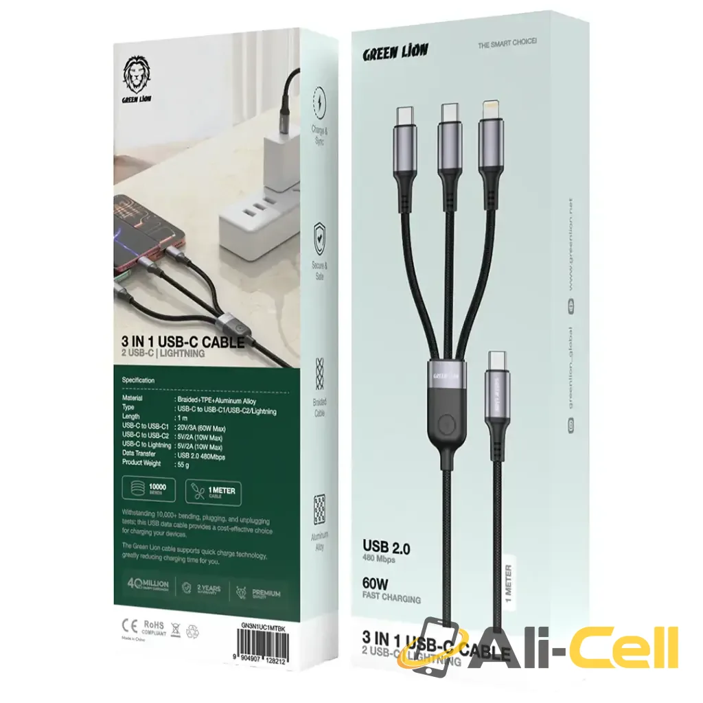 Green Lion 3-In-1 USB-C Cable with 2 USB-C & Lightning - Black — 2