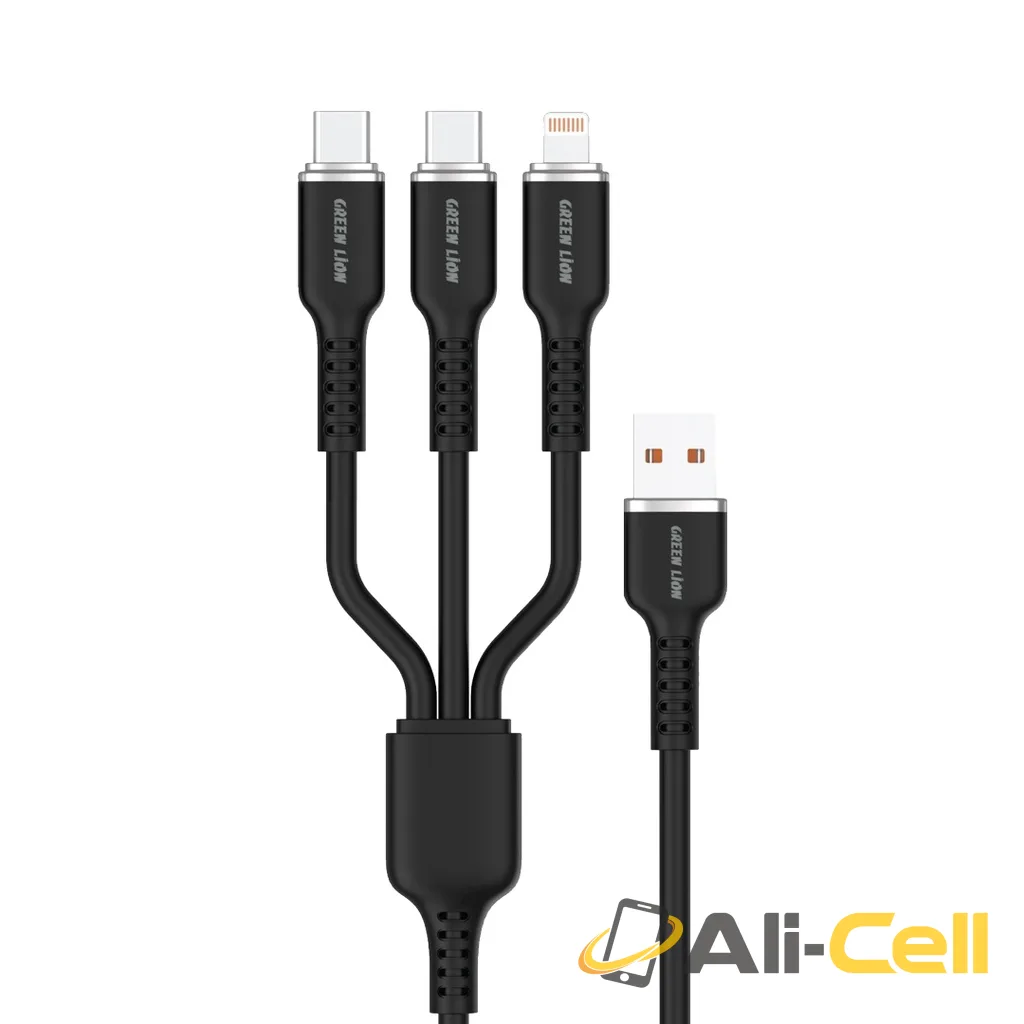 Green Lion 3in1 Silicone Cable USB-A To USB-C×2 and Lightning - Black