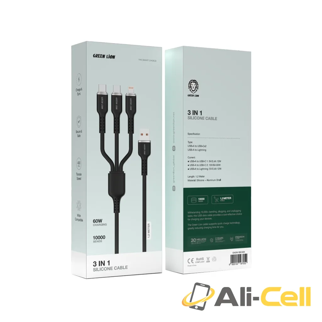 Green Lion 3in1 Silicone Cable USB-A To USB-C×2 and Lightning - Black — 2