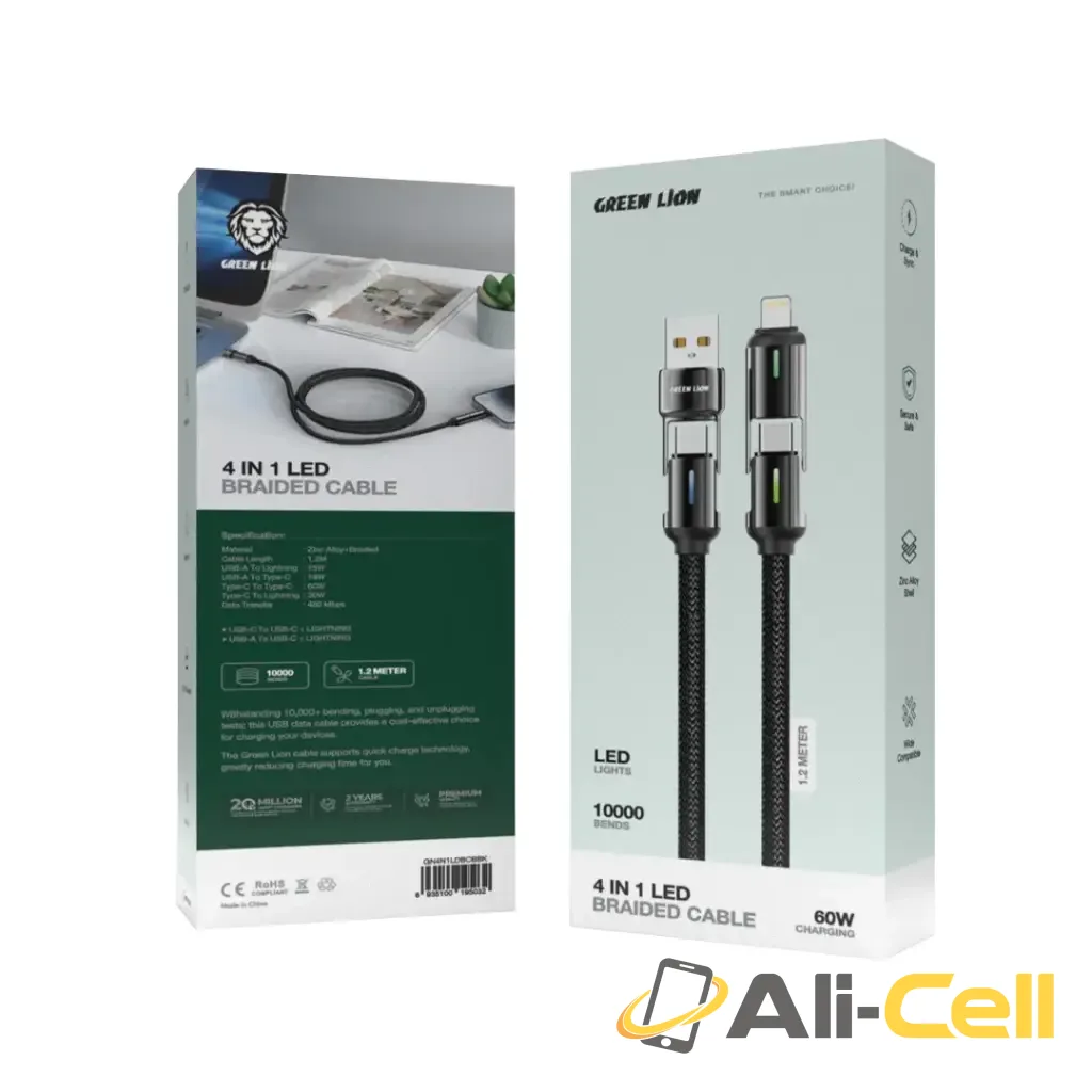 Green Lion 4 in 1 LED Braided Cable 60W - Black — 2