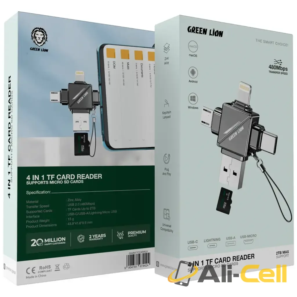 Green Lion 4 in 1 TF Card Reader - Gray — 3