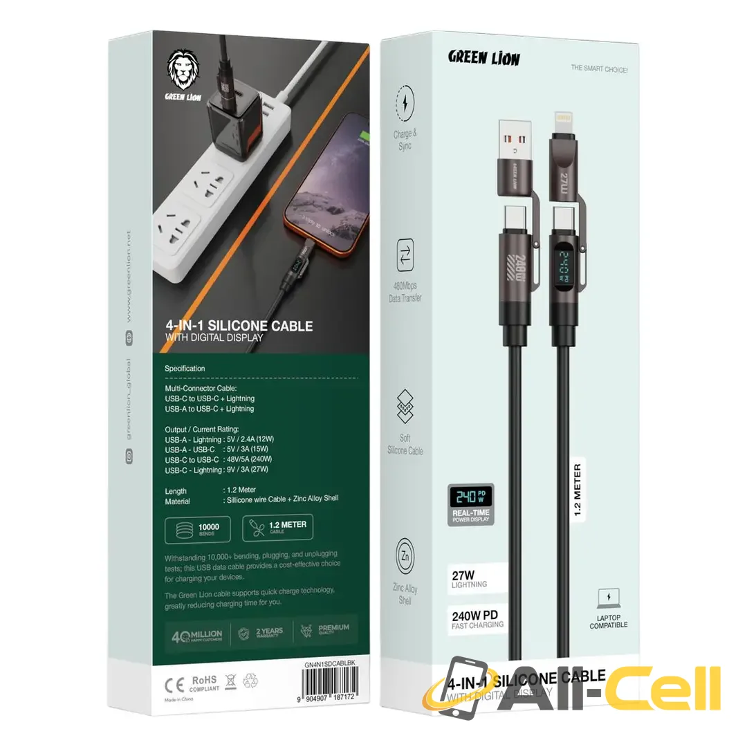 Green Lion 4-In1 Silicone Cable with Digital Display - Black — 2