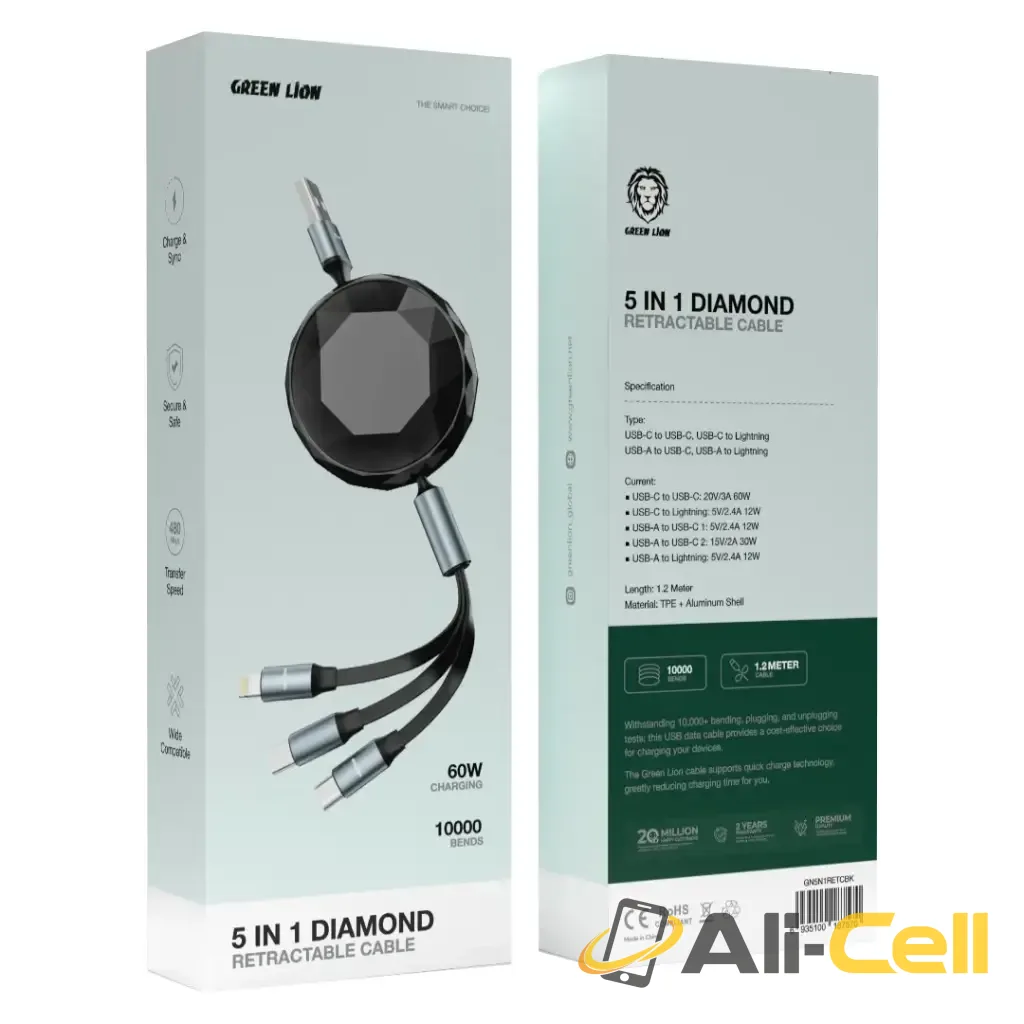 Green Lion 5 in 1 Diamond Retractable Cable - Black — 2