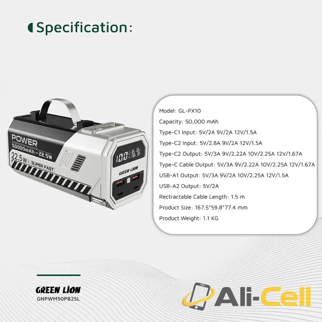Green Lion 50000mAh Power Bank 22.5W - Silver — 2