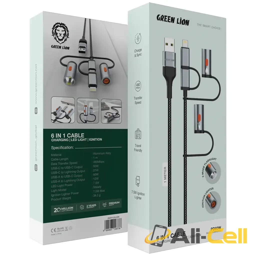 Green Lion 6 in 1 Cable PD 60W - Black — 2