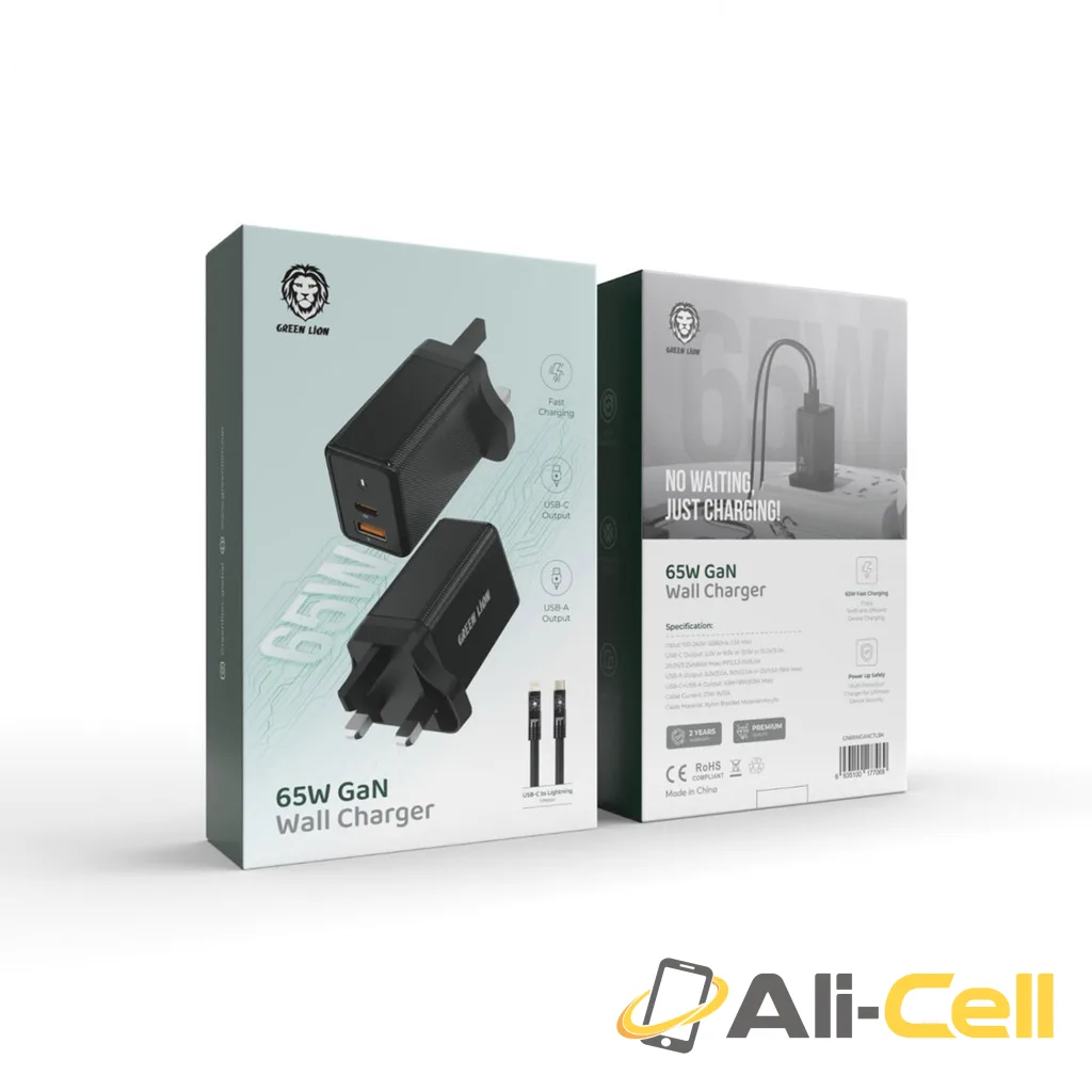 Green Lion 65W Gan Wall Charger with C to L Cable - Black — 2